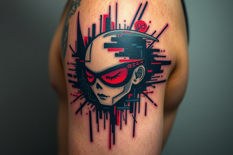 Glitch art tattoo style called "Digital Distortion" incorporating pixelated elements, static noise, and intentional visual glitches to create a unique, technology-inspired design, ideal for modern tattoo enthusiasts