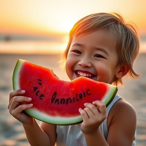 A cheerful child holding a slice of watermelon at the beach during sunset, with soft natural lighting, 50mm lens, f/1.8, ISO 200, shutter speed 1/200, shallow depth of field, captured with a DSLR camera.