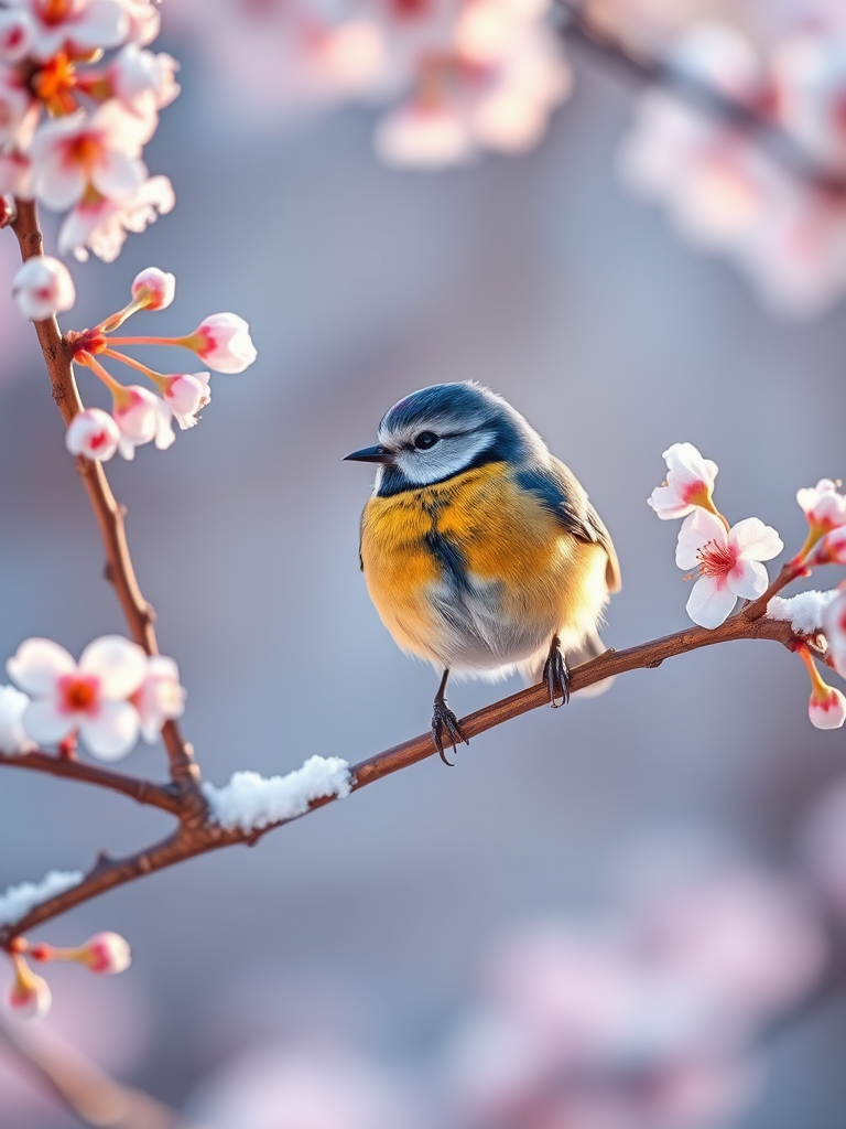 Generate a vibrant and detailed image of a blue tit bird perched on a cherry blossom branch covered in snow, shot with a Canon EOS R5 at f/5.6, 1/200s, ISO 100, with a soft focus background to enhance depth, in natural lighting for a crisp and colorful effect.