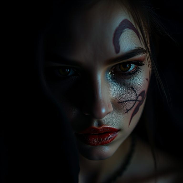 Create a dramatic portrait of a woman with intricate face makeup resembling scars in low light, shot with a Canon EOS R5, 85mm lens, aperture f/1.8, ISO 200, shutter speed 1/100s, using a moody, high-contrast style.