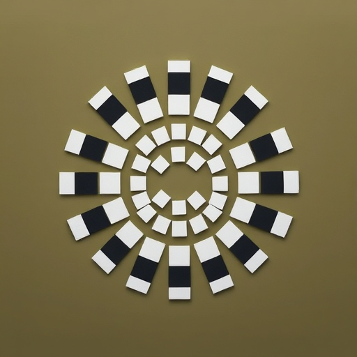 Generate a circular pattern of alternating white and black squares arranged symmetrically, centered on a muted olive background, shot with a Canon EOS R5 at f/8, ISO 100, 1/200s, with a 50mm lens and a top-down view for precision and clarity.