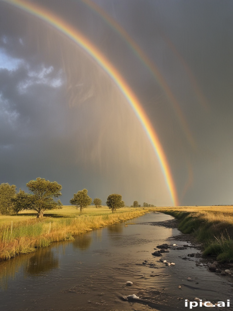 Vibrant Rainbow Arching Over a Serene River Amidst Dramatic Skies