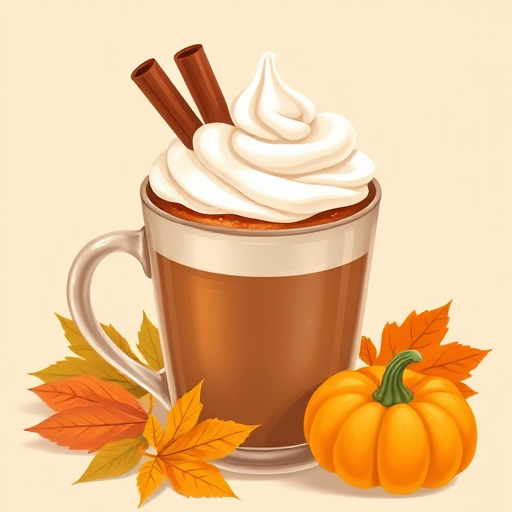 Illustration of a cozy mug of hot beverage topped with whipped cream and cinnamon sticks, surrounded by autumn leaves and a small pumpkin, on a soft beige background; camera settings: f/2.8, ISO 100, 1/200s; camera view: close-up; camera style: soft focus; camera type: DSLR.