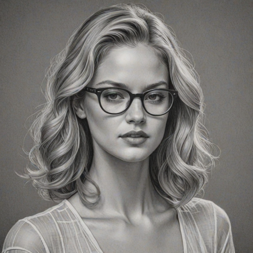 Sublime Erin Heatherton, pencil sketch, portrait of Comely woman 1935s in glasses, hair style beatnik, outline, clear lines, fine lines, 8k