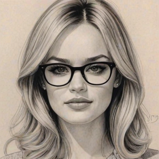 Stunning Ambyr Childers, pencil sketch, portrait of Alluring woman 1967s in glasses, hair style beatnik, outline, clear lines, fine lines, 8k