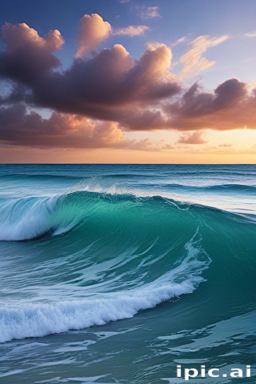 Majestic Ocean Waves Under a Colorful Sky at Sunset Hour