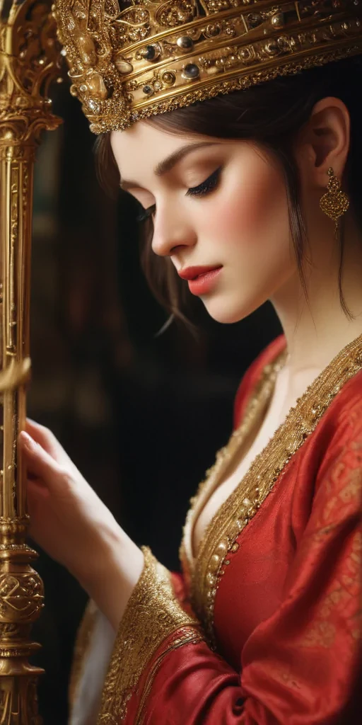 Elegant Profile of a Regal Woman Adorned in Exquisite Golden Crown