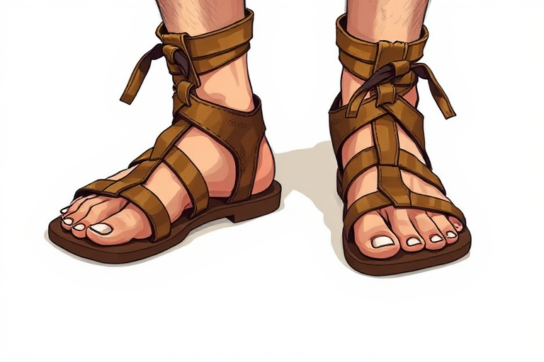 Create a detailed illustration of feet wearing gladiator sandals, emphasizing texture and color, shot with a DSLR camera at 50mm, f/1.8, ISO 100, with natural lighting from the side for soft shadows.