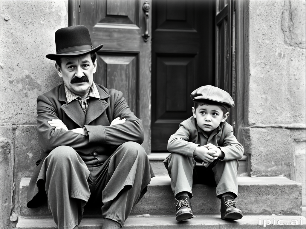 A black-and-white photograph of a man and a child sitting on steps in front of a doorway. The man is dressed as a tramp with a bowler hat, mustache, and ragged clothes, reminiscent of Charlie Chaplin's iconic look. He is sitting with his arms crossed and an expression of slight sadness or frustration. Next to him is a young boy, also in worn clothes and a cap, sitting with his hands clasped, looking thoughtful. The background is an old, textured wall and a partially open door, creating a vintage, early 20th-century atmosphere.