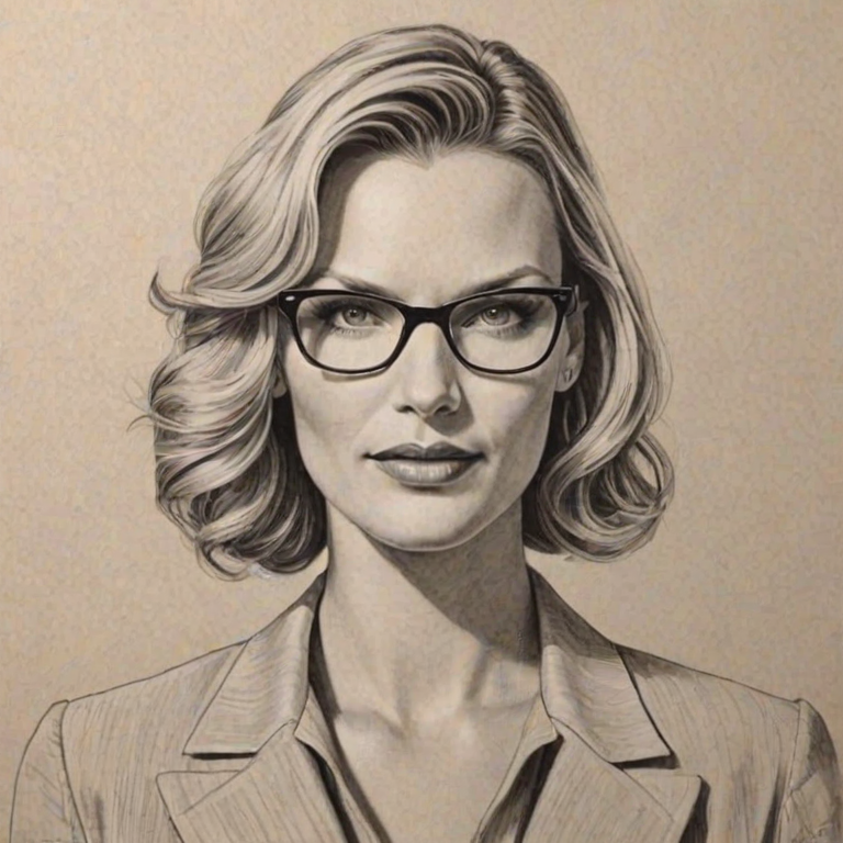 Stunning Natasha Henstridge, pencil sketch, portrait of Lovely woman 1935s in glasses, hair style beatnik, outline, clear lines, fine lines, 8k