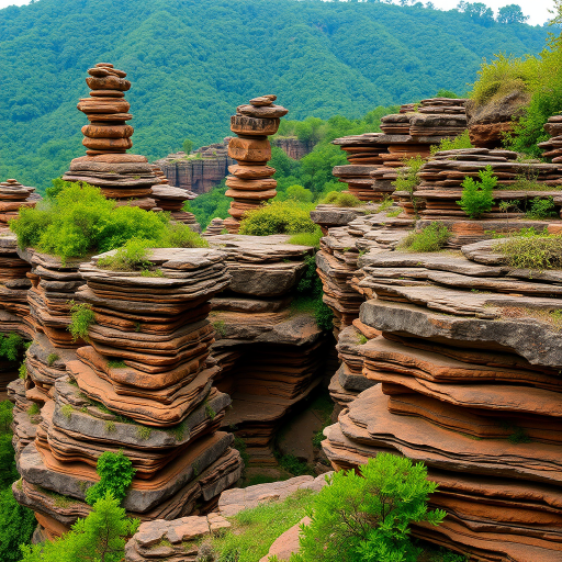 Capture a detailed landscape photo of stacked rock formations with lush greenery, using a DSLR camera with a 24mm lens, aperture set to f/11, ISO 200, and a shutter speed of 1/125 sec, from a slightly elevated angle to highlight the layers and textures.