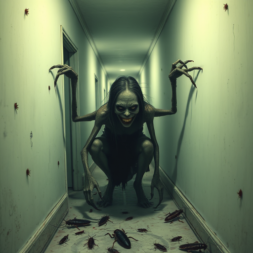 a crooked female with long arms and a creepy smile is crawling along a long white corridor and you can also see cockroaches in it there is a creepy atmosphere creepy art style