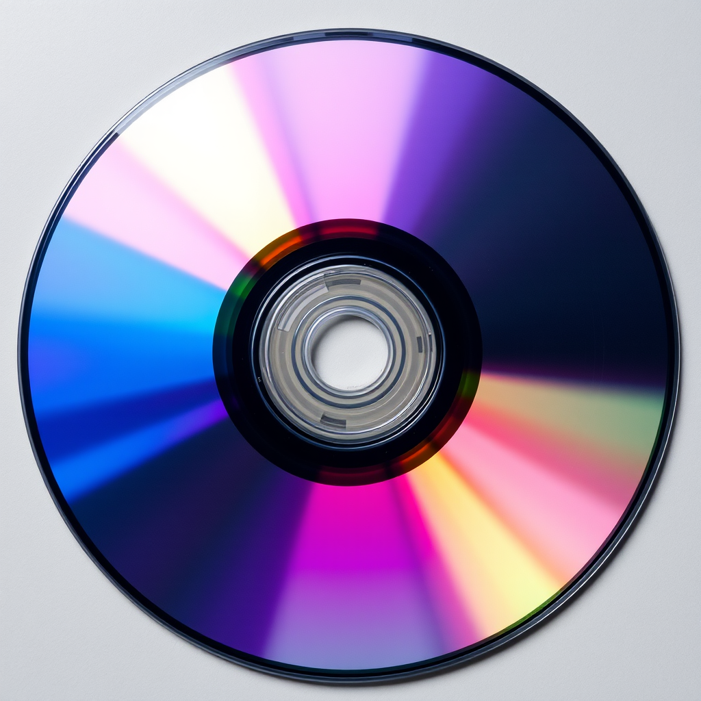 Generate a high-resolution image of a shiny, reflective CD in a neutral background, using a DSLR camera with a 50mm lens, aperture set to f/2.8, shutter speed 1/125s, ISO 100, top-down view, focus on the center of the CD to enhance detail and lighting.