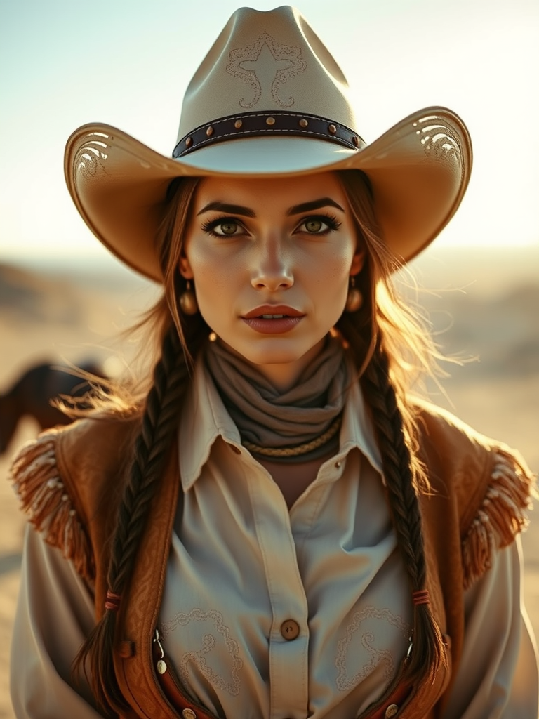 Dramatic photo of a beautiful Druze woman, classic cowboy attire, confident and free spirit expression, half-length portrait, centered, golden hour desert landscape, warm, diffused light, low angle, medium format film camera, in style of Annie Leibovitz.