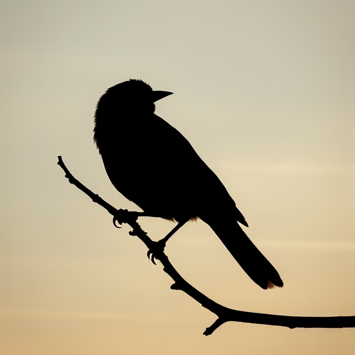 Generate a highly detailed black silhouette of a bird perched on a branch against a soft gradient background, shot with a Canon EOS R5 at f/2.8, ISO 100, 1/2000 sec, using a 85mm lens in portrait orientation for a shallow depth of field.
