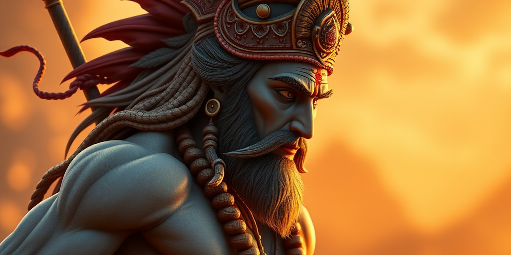 Create a highly detailed illustration of Hanuman, showcasing his muscular physique and divine attributes, captured with a 50mm lens at f/1.8 to achieve a shallow depth of field, in a warm golden hour light setting, using a DSLR camera for enhanced image quality.
