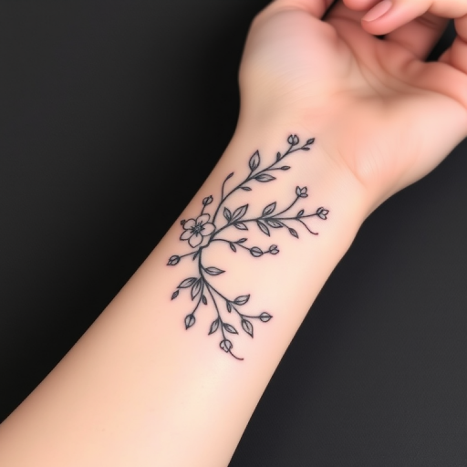 Delicate fine line tattoo wrapping around the wrist and forearm featuring a continuous floral vine with intricate leaves and blooms in a minimalist black ink style