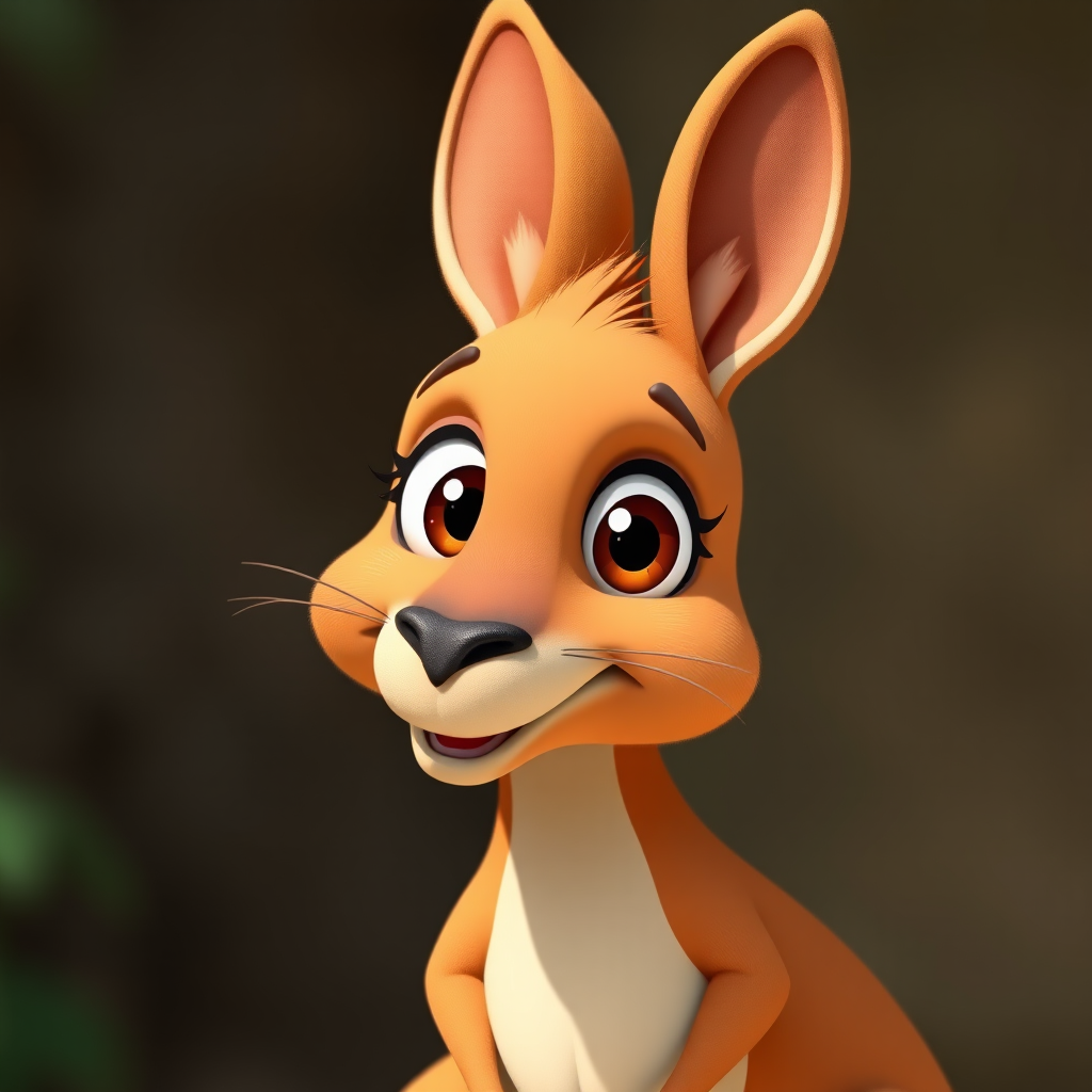 Create a high-resolution cartoon-style image of a friendly brown kangaroo with large eyes and a round body, using a Canon EOS R5 camera with a 50mm lens, f/1.8 aperture, ISO 100, and soft natural lighting to enhance clarity and color vibrancy.