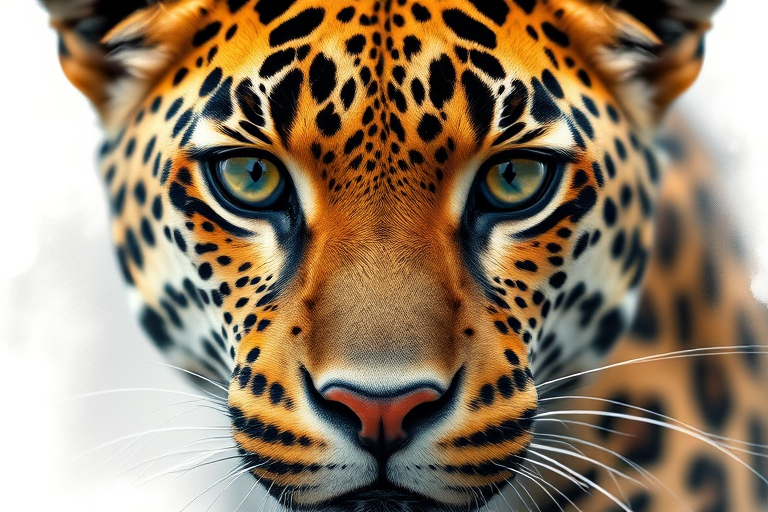 Create a high-resolution artistic rendering of a leopard's face, using a Canon EOS 5D Mark IV camera, 50mm lens, f/1.8, ISO 100, with a shallow depth of field and soft focus background to emphasize the intricate details of the fur and eyes, in a watercolor style with vibrant colors and subtle texture.
