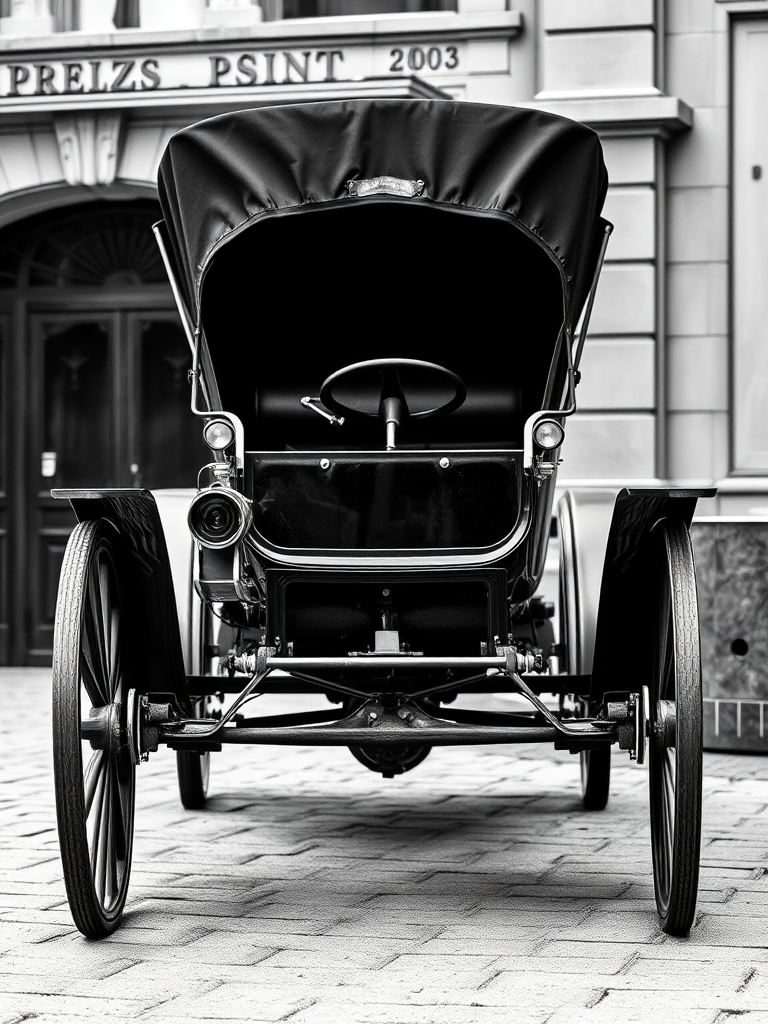 Regenerate a vintage-style black and white image of the Benz Patent Motorwagen with high contrast and sharp detail, using a DSLR camera, 50mm lens, aperture f/2.8, ISO 100, and a monochrome filter for enhanced clarity and texture.