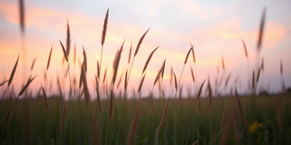 capture a serene landscape at sunset with tall grass in the foreground and a soft pink hue in the sky, use a DSLR camera with a 50mm lens, aperture f/2.8, shutter speed 1/125, ISO 200, focus on the grass with a shallow depth of field