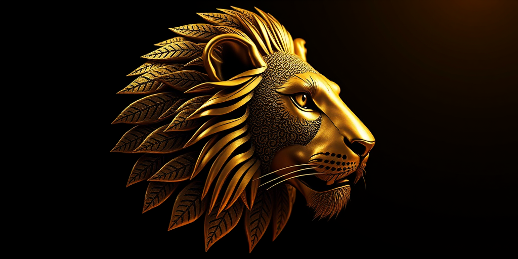 Create a high-resolution image of a stylized golden lion head with intricate leaf patterns, shot with a Canon EOS R5, 85mm f/1.2 lens, ISO 100, aperture f/2.8, in a dramatic side view with soft lighting to enhance the details and shadows.