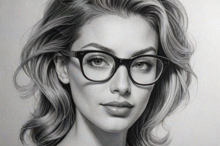 Stunning Dawn Olivieri, pencil sketch, portrait of Enticing woman 1941s in glasses, hair style beatnik, outline, clear lines, fine lines, 8k