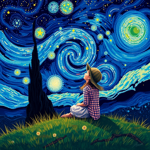 A young girl sitting on a grassy hill, looking up at the starry night sky painted in the style of Vincent Van Gogh's famous "Starry Night". The entire image is composed of tiny dots, giving it a dreamlike and illusionary quality. The girl is surrounded by vibrant colors and swirls in the sky, with stars twinkling above her