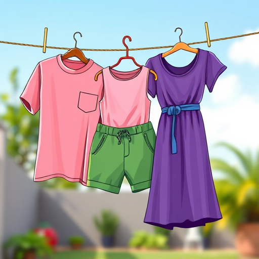 Create a colorful illustration of three garments hanging on a clothesline, including a pink shirt, green shorts, and a purple dress, captured with a DSLR camera at f/8 aperture, ISO 200, 50mm lens, focused in a vibrant outdoor setting with natural light.