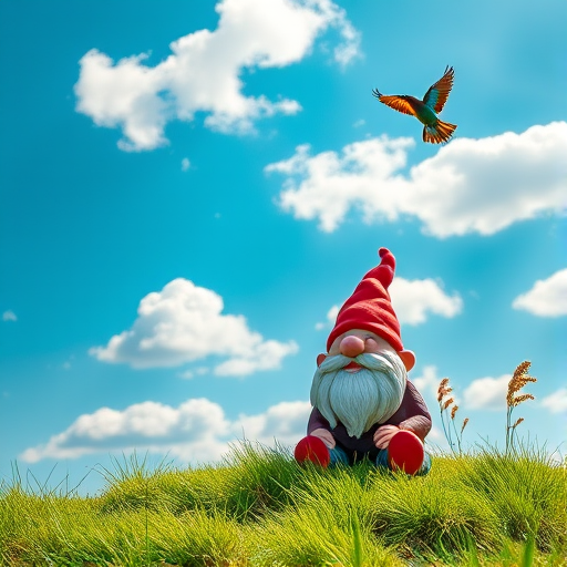 Create a whimsical landscape featuring a cartoonish gnome made of clay, sitting on vibrant green grass under a bright blue sky with fluffy white clouds and a colorful bird flying in the background, captured with a DSLR camera at f/2.8, ISO 100, 24mm focal length, in vivid colors and high resolution, using a wide-angle lens for a playful perspective.