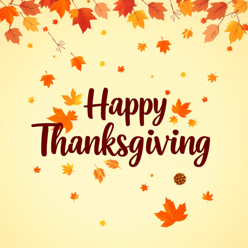 Create a warm and festive autumn-themed image with a gradient background of orange and yellow hues. Include a variety of falling leaves in shades of red, orange, and brown. In the center, display the text "Happy Thanksgiving" in a stylish and inviting font, using a dark brown color for contrast. Add subtle decorative elements like pine cones and additional leaves for a cozy, seasonal feel.