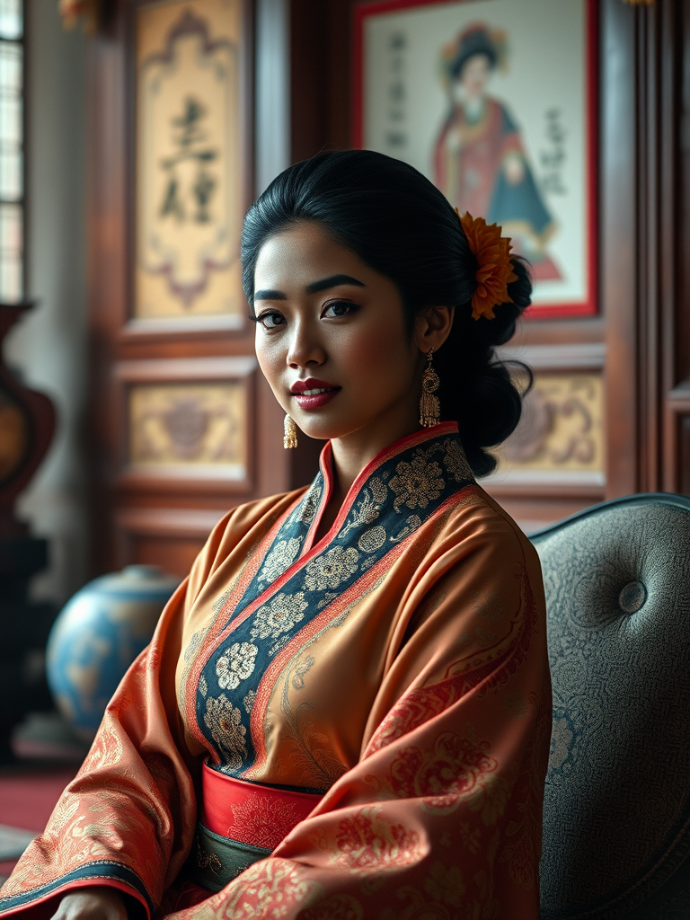 A beautiful Afro-Caribbean woman in traditional East Asian attire, intricately detailed with embroidered patterns, sitting gracefully in a richly decorated room, soft ambient lighting, serene and elegant, ultra-realistic, 8K resolution