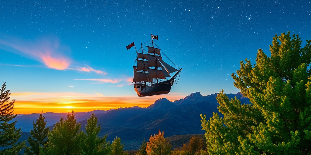 Create a whimsical landscape featuring a pirate ship floating in a starry sky above colorful mountains at sunset, with vibrant green trees in the foreground, captured with a Canon EOS R5, 24mm lens, f/8 aperture, ISO 100, soft focus style, high dynamic range.