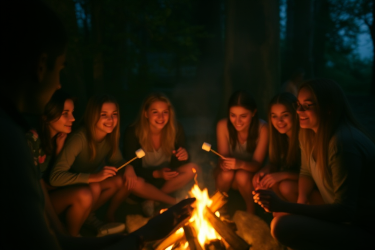 Blurry, candid photo of a group of friends gathered around a campfire at night, soft glow from the flames illuminating their faces, distant laughter filling the air, marshmallows roasting on sticks, shadows flickering on the trees surrounding them.