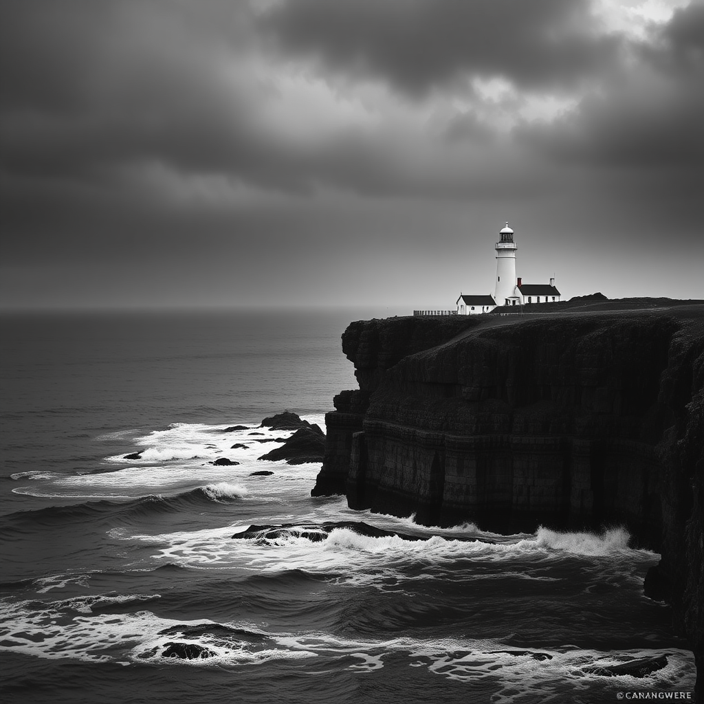 Capture a dramatic coastal scene featuring a lighthouse on a cliff, shot with a Canon EOS R5 at f/8, ISO 100, 24mm focal length, with a wide-angle lens, under soft natural lighting to enhance details and contrast in black and white.