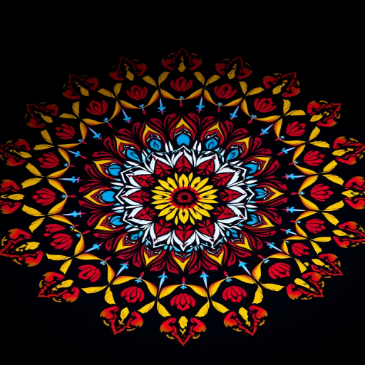 Create a high-resolution circular mandala design featuring intricate floral patterns in vibrant colors including red, blue, and yellow, with a dark background, captured using a Canon EOS R5 with a 50mm f/1.2 lens at f/2.8, ISO 100, in natural lighting for enhanced detail and richness.