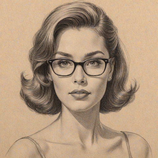 Exquisite Bella Poarch, pencil sketch, portrait of Enticing woman 1956s in glasses, hair style beatnik, outline, clear lines, fine lines, 8k