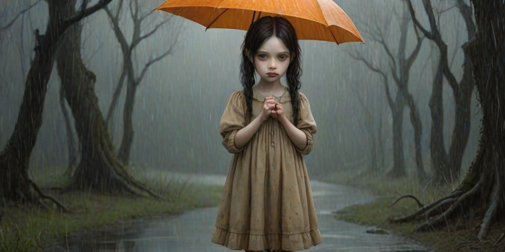 An eerie, weird little girl with dark hair in thin pigtails, wearing a smock dress, standing in the rain, holding a dirty orange umbrella, a small, odd creature beside her. In a surreal style inspired by Nicoletta Ceccoli and Brian Froud. Dark fantasy themes