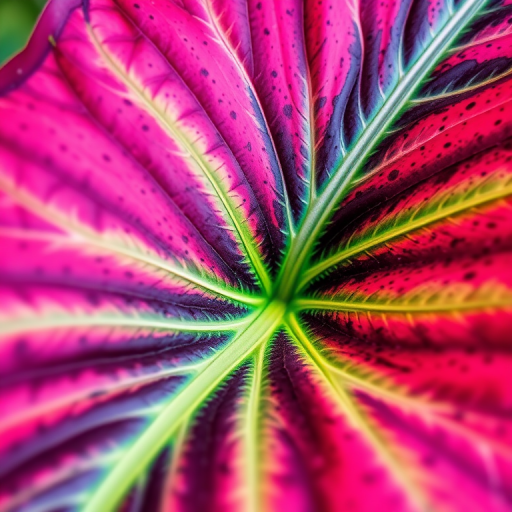 close-up of a vibrant caladium leaf with intricate patterns and vivid colors, 50mm lens, f/2.8 aperture, ISO 100, natural lighting, macro photography, DSLR camera