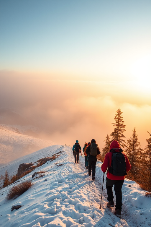 hikers on a snowy mountain trail with misty background, golden hour lighting, ISO 200, f/8, 1/250s, wide-angle lens, DSLR camera, high-resolution imagery