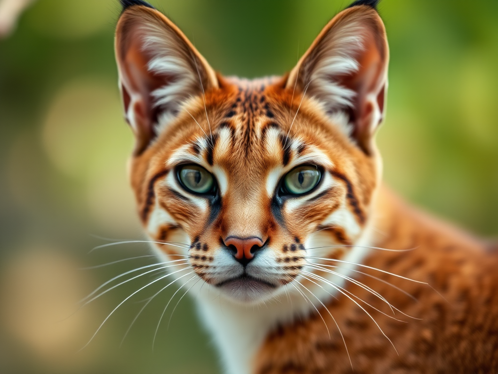 caracal portrait, detailed fur texture, soft focus background, natural light, 85mm lens, f/1.8 aperture, ISO 200, shallow depth of field, DSLR camera, close-up shot