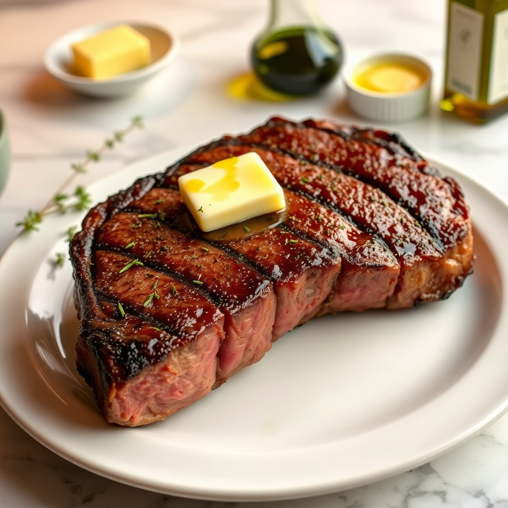 Create an image of a perfectly seared ribeye steak, resting on a white plate with a pat of melting butter on top. The steak is seasoned with fresh herbs like thyme and parsley, with glistening juices highlighting the texture of the meat. The background features a soft focus on a light, marble countertop, with a small dish of butter and an olive oil bottle in the distance. The overall mood should be warm and inviting, capturing the deliciousness and juiciness of the steak.