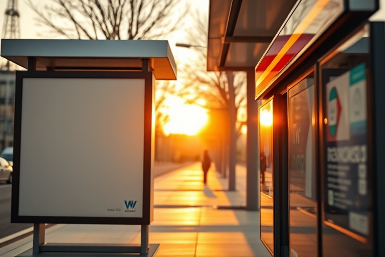 Capture a bus stop scene with an empty advertisement panel and a close-up view of public transport information displays, using a DSLR camera with a 50mm lens, aperture at f/2.8 for a shallow depth of field, ISO 200 for better clarity, and natural lighting during golden hour.