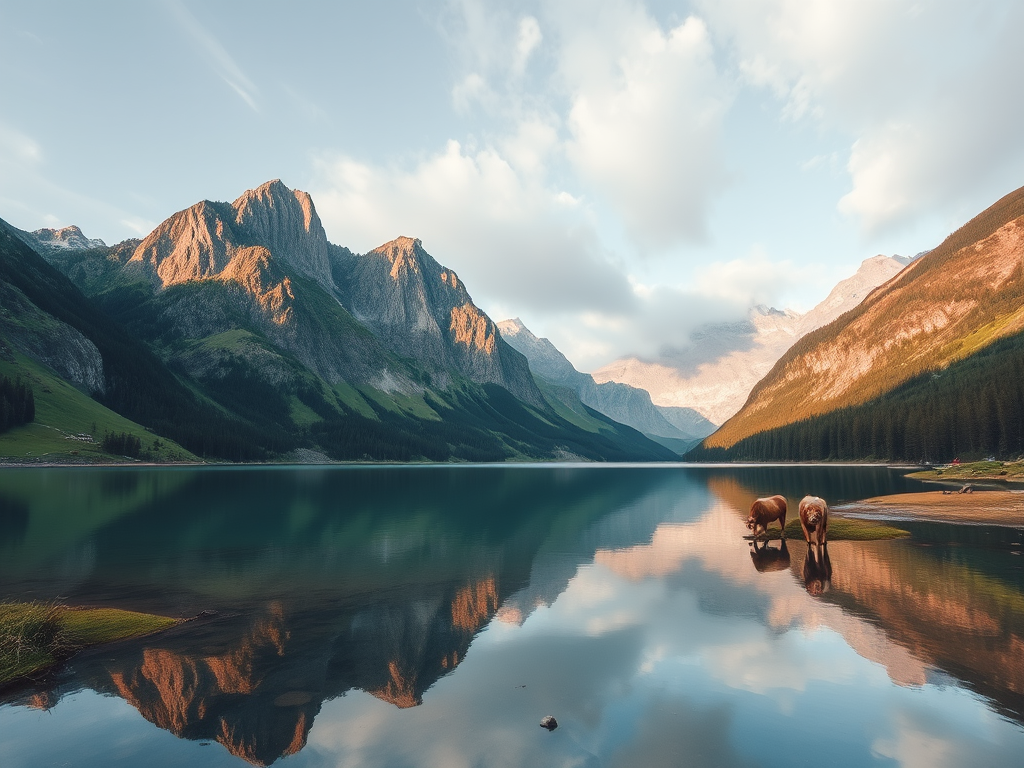 Create a serene landscape image of a tranquil lake surrounded by towering mountains and lush greenery, featuring a few cows grazing near the shore, with reflections in the water, shot with a DSLR camera at f/11, ISO 200, shutter speed 1/200s, using a wide-angle lens at a low angle perspective.