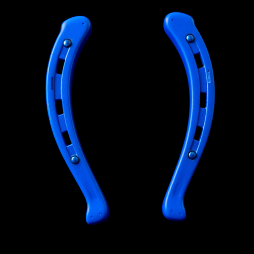 Create a high-resolution image of a blue horseshoe on a black background, using a DSLR camera with a 50mm lens at f/1.8, with a shallow depth of field and soft focus, captured from a slightly elevated angle to enhance the shape and color vibrancy.
