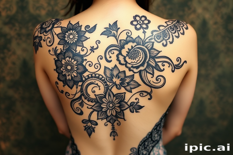Ornate mehndi-inspired blackwork tattoo called "Lace of the Orient" featuring intricate henna-like patterns flowing organically across the skin delicate swirls paisleys and floral motifs intertwine creating the illusion of dark lace adorning the body with mesmerizing symmetry and grace