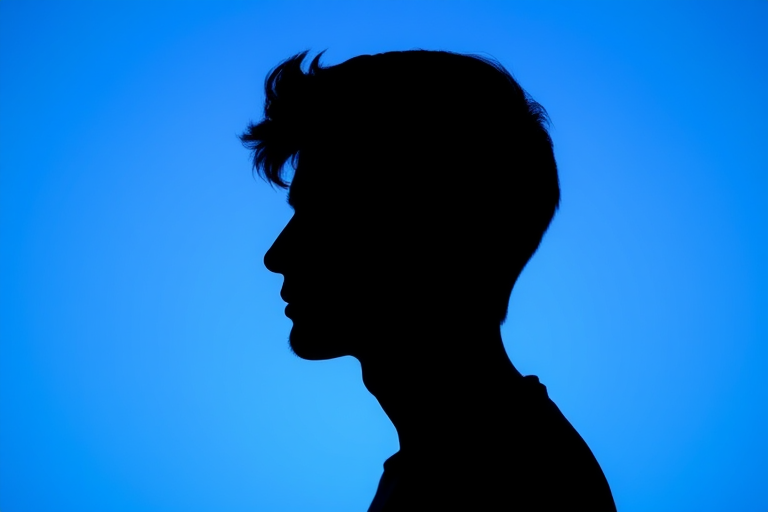 Create a high-resolution image of a minimalistic avatar silhouette against a soft blue background with a Canon EOS R5 camera, 85mm lens, f/1.8 aperture, ISO 100, and soft diffused lighting for even tones.