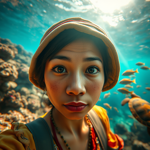 Realistic selfie image of a Burmese, wearing a vintage outfit, detailed dreamy eyes, droopy hooded eyes, staring at the camera, taken underwater at coral reef with a sunbeam filtering through the water, vibrant, summer vacation, natural lighting, turtle and school of tropical fish with vibrant colors, rendered in the style of CryEngine, Pegi Nicol MacLeod, with realistic genre scenes, hauntingly beautiful narratives, ultra-realism, and Thomas Saliot's close-up technique, 8K resolution, crystal clear and sparkling water.
