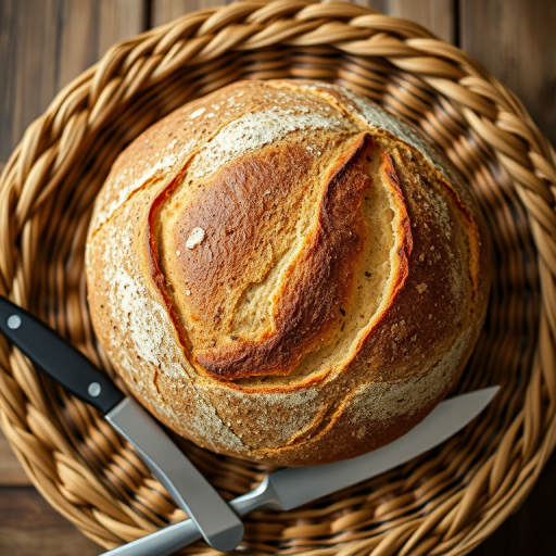 A freshly baked round loaf of artisan bread on a woven basket with a stainless steel knife beside it, shot with a Canon EOS 5D Mark IV, 50mm f/1.8 lens, aperture f/2.8, ISO 100, natural light, top-down view, soft focus background for enhanced depth.