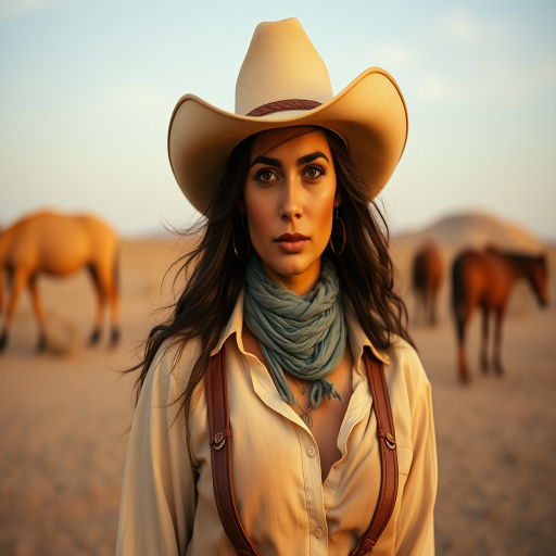 Dramatic photo of a beautiful Assyrian woman, classic cowboy attire, confident and free spirit expression, half-length portrait, centered, golden hour desert landscape, warm, diffused light, low angle, medium format film camera, in style of Annie Leibovitz.